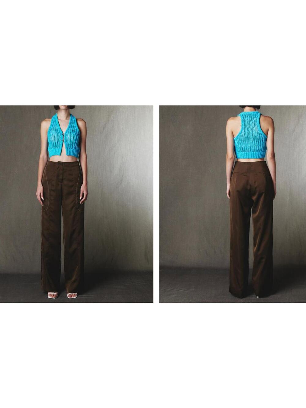 Kijun Brown Satin Bow Pants High-Waisted Wide-Leg Casual Zip Fly Size Medium M
